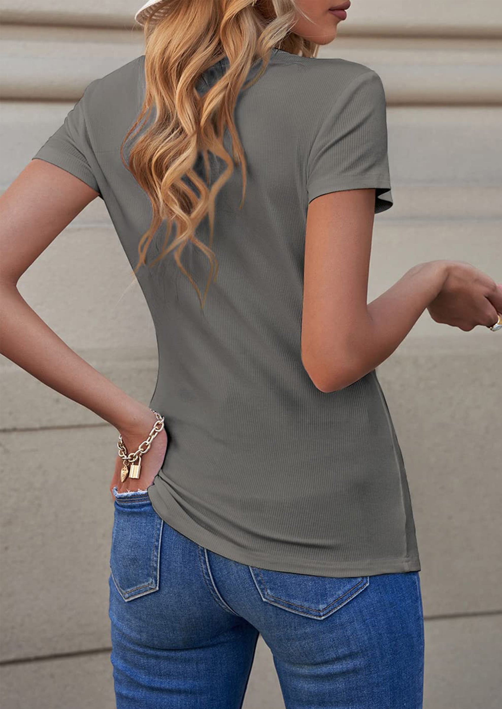 PRETTYGARDEN Women's Summer Casual Henley T-Shirts Short Sleeve V Neck Button Up Ribbed Knit Slim Fit Basic Tops