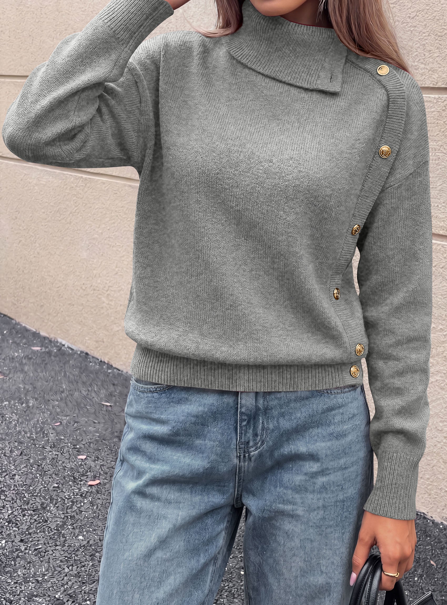 PRETTYGARDEN Womens Turtleneck Sweater Pullover Side Button Fall Clothes  Stretchy Knit,Dropped Shoulder,Ribbed Cuffs,Asymmetrical,Jumper Long Sleeve Tops,Work Office,2026 Winter Casual Outfits