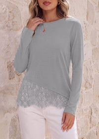 PRETTYGARDEN Women's Lace Patchwork Long Sleeve Shirts | Soft Casual Tops,Irregular Asymmetrical Hem,Crew Neck Thermal Blouses,Loose Fit Layer Tee,Fashion Fall Winter Daily Wear