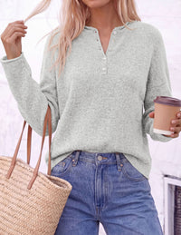 PRETTYGARDEN Women's Fall Button Up Cozy Pullover Sweaters | Stretchy Soft Knit, Drop Shoulder Long Sleeve Tops, Henley Crewneck Rolled Edge, Dressy Casual Blouses, Trendy Winter Clothes