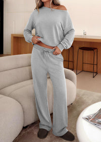 PRETTYGARDEN Womens 2 Piece Casual Matching Lounge Sets  Fashion Off the Shoulder Sweatshirt, Wide Leg Pants with Pockets, Comfy Airport Travel Outfit, 2026 Trendy Fall Set