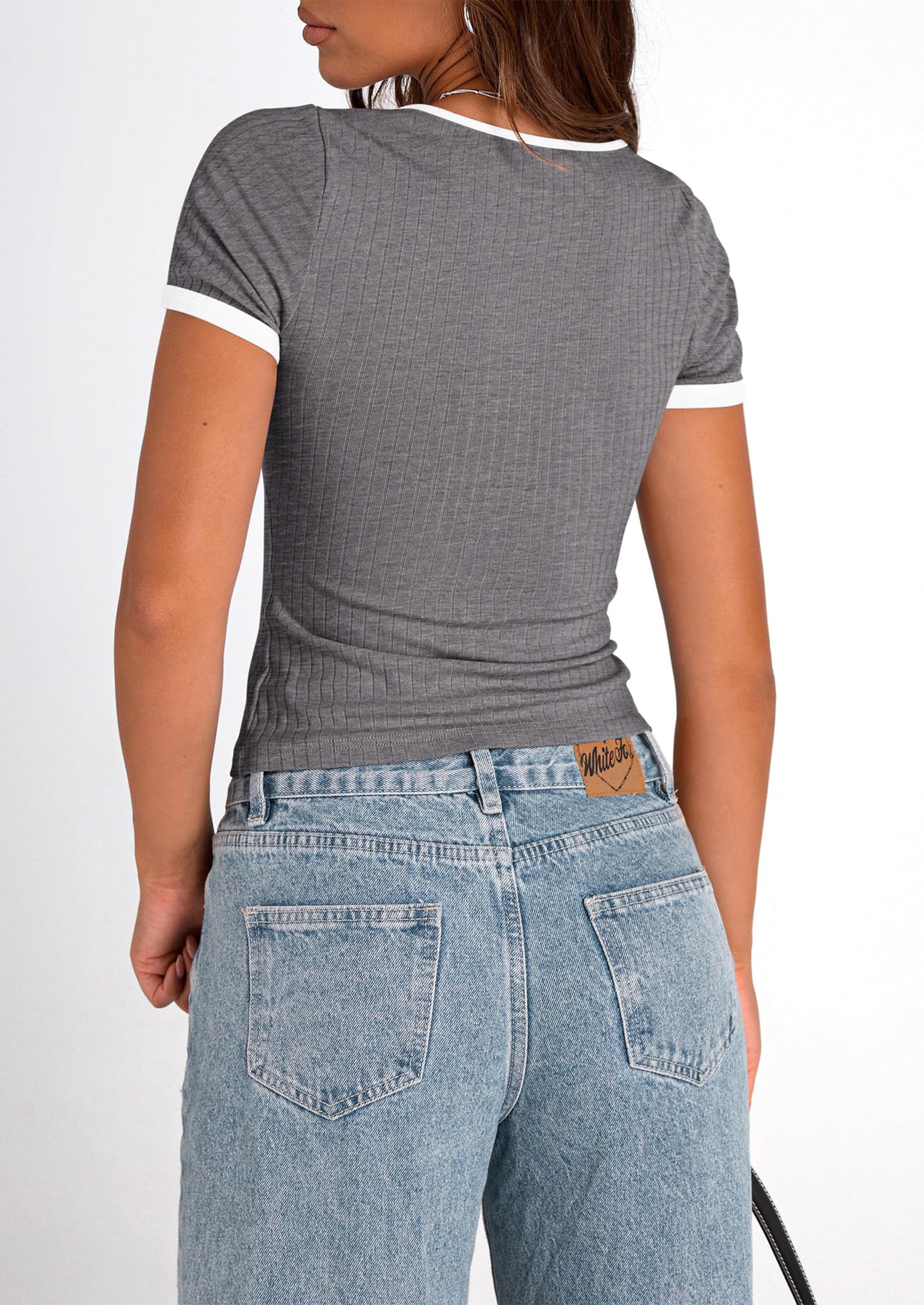 PRETTYGARDEN Women's Summer Short Sleeve T Shirts Ribbed Knit Square Neck Color Block Slim Fit Basic Casual Crop Tops Blouses