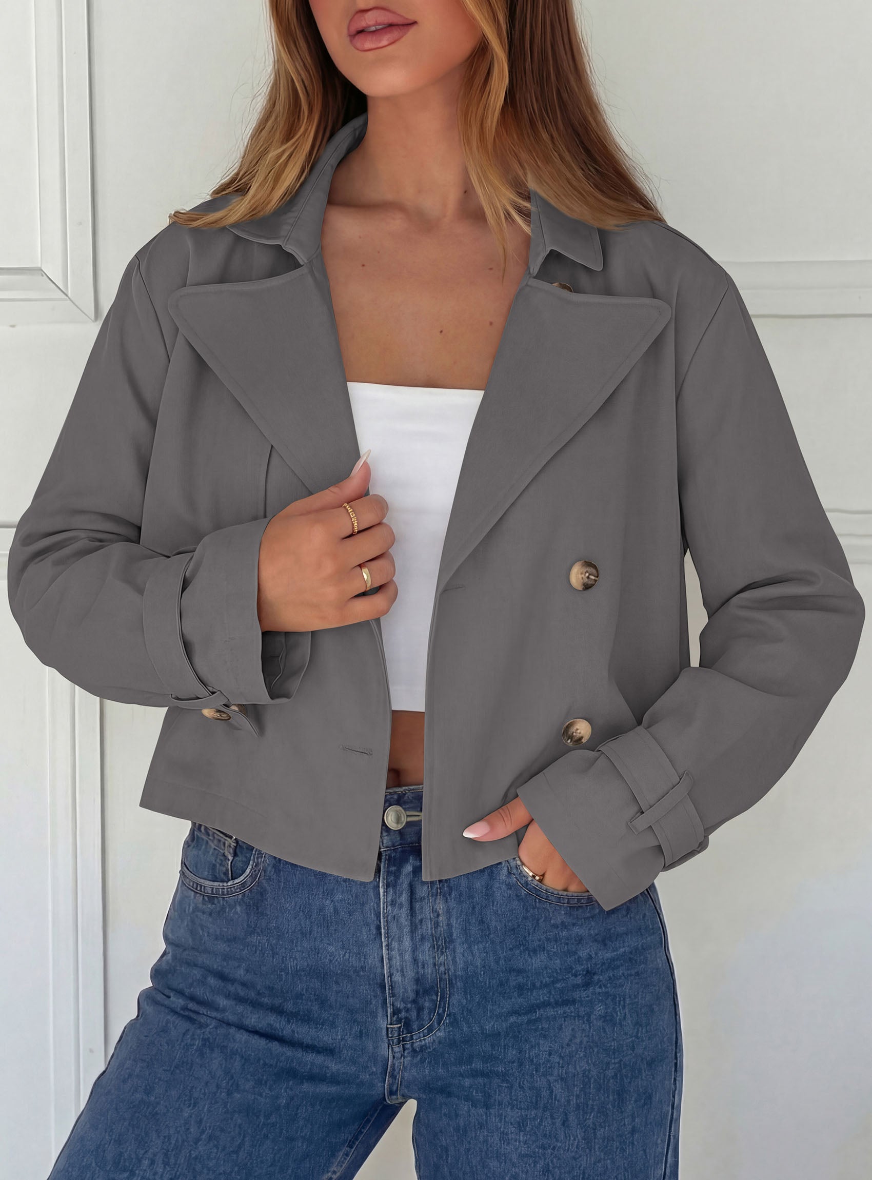 PRETTYGARDEN Cropped Trench Coat For Women Short Jacket  Soft Lightweight Coats, Lapel Double Breasted, Long Sleeve Loose Fit, Casual Work Office Jackets, Fall Winter Outwear