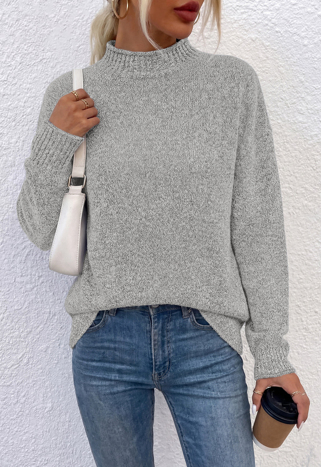 PRETTYGARDEN Womens Sweaters 2026 Mock Neck Ribbed Knit Fall Outfits | Long Sleeve Pullover Tops, Rolled Edge, Loose Fit, Soft Cotton Fabric, Comfy Cozy Sweater, Versatile Casual Cute Clothes