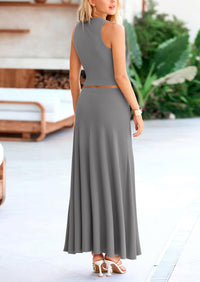 PRETTYGARDEN 2 Piece Maxi Skirt Sets Casual Knit Cropped Tank Top High Waisted Long Skirts Outfit