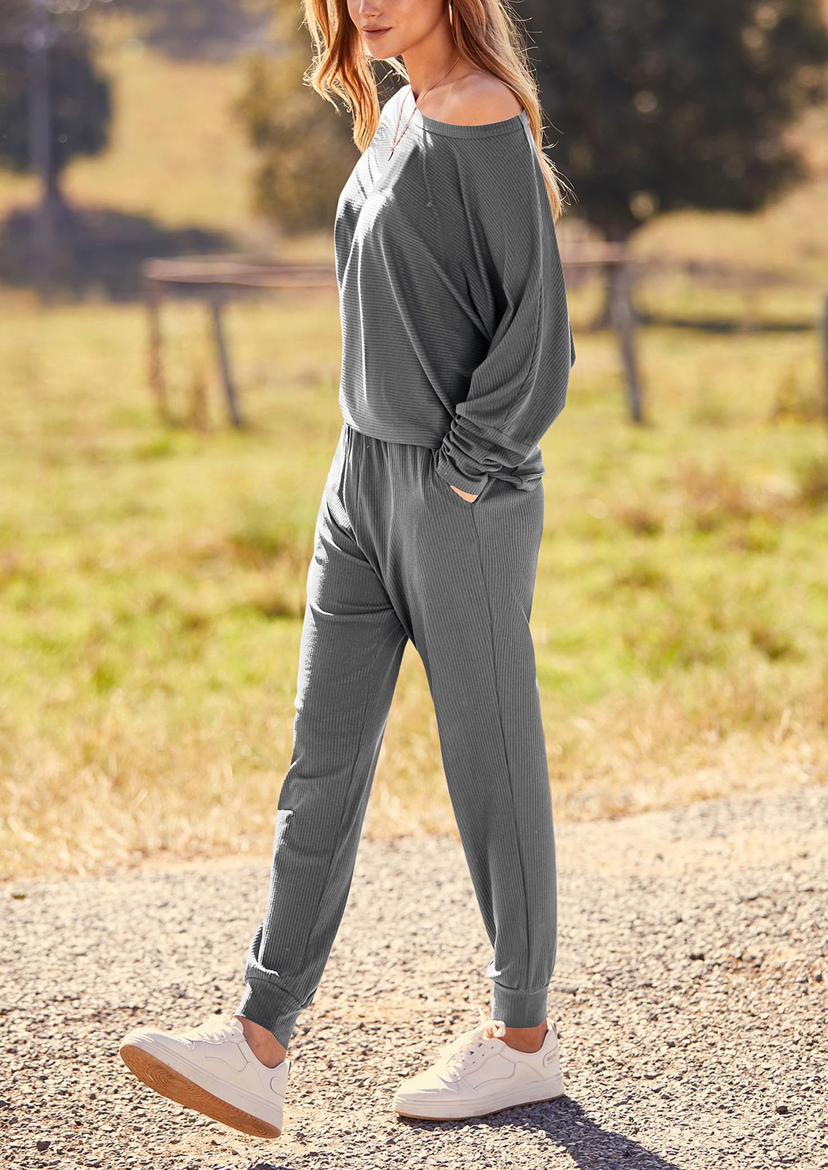 PRETTYGARDEN Women's Fall 2 Piece Lounge Set Long Sleeve Tops Ribbed Pants Spring Matching Sweatsuit Travel Outfits Clothes