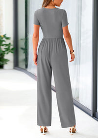 PRETTYGARDEN Women's Summer One Piece Jumpsuits Dressy Casual Short Sleeve Square Neck Wide Leg Jumpsuit Rompers