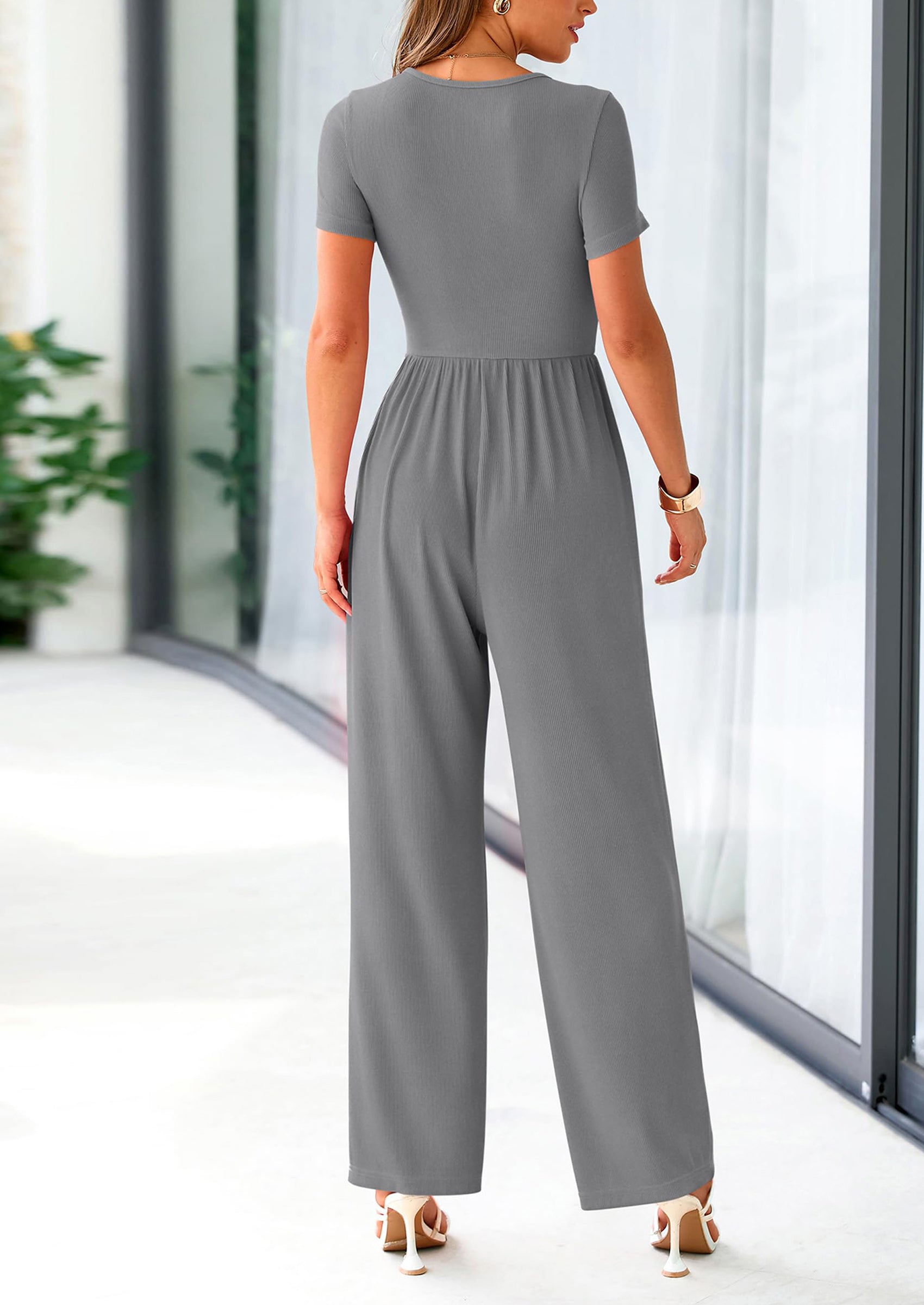 PRETTYGARDEN Women's Summer One Piece Jumpsuits Dressy Casual Short Sleeve Square Neck Wide Leg Jumpsuit Rompers