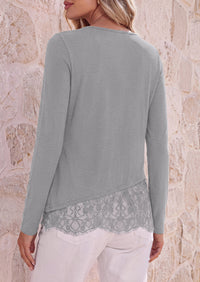 PRETTYGARDEN Women's Lace Patchwork Long Sleeve Shirts | Soft Casual Tops,Irregular Asymmetrical Hem,Crew Neck Thermal Blouses,Loose Fit Layer Tee,Fashion Fall Winter Daily Wear