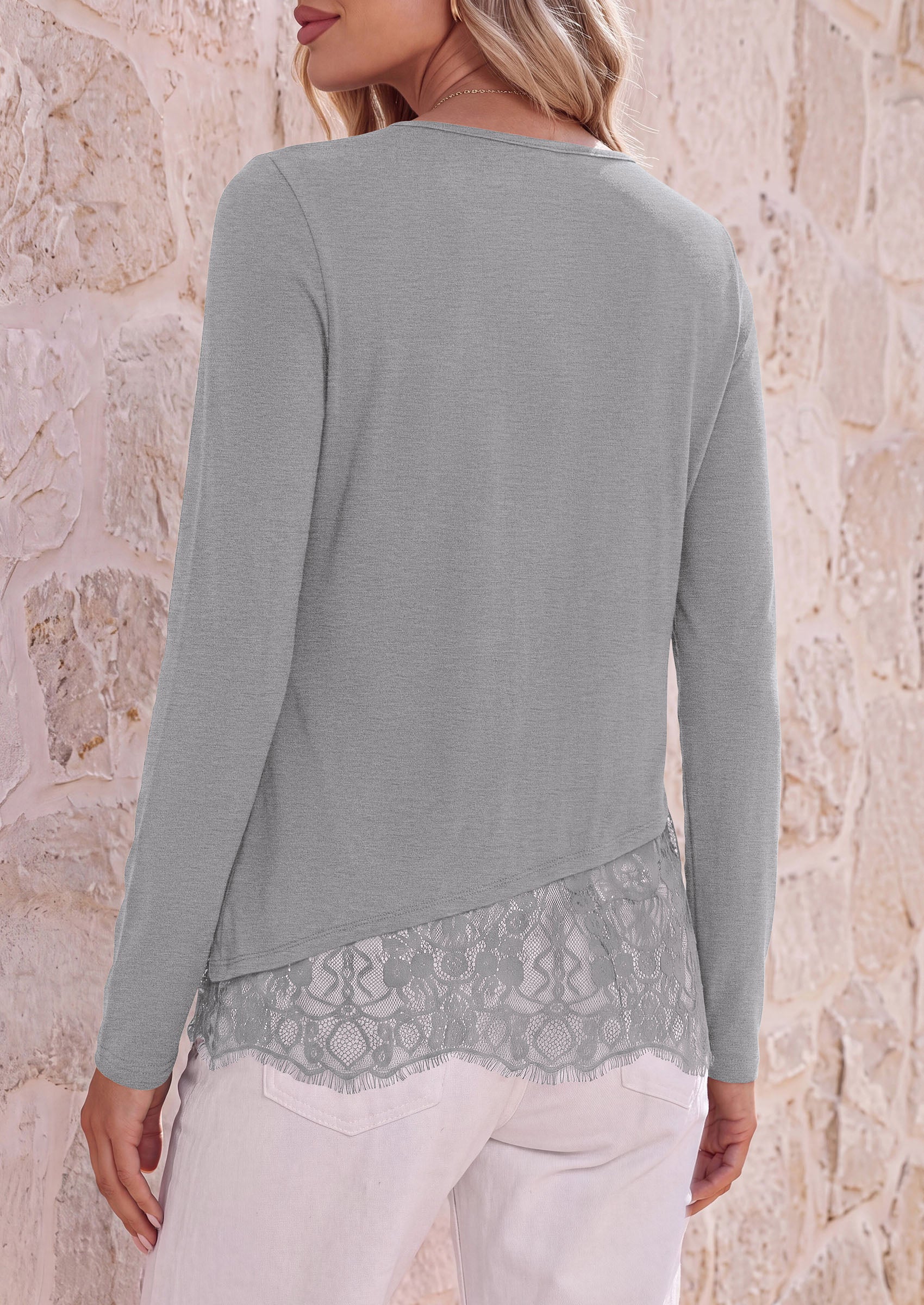 PRETTYGARDEN Women's Lace Patchwork Long Sleeve Shirts | Soft Casual Tops,Irregular Asymmetrical Hem,Crew Neck Thermal Blouses,Loose Fit Layer Tee,Fashion Fall Winter Daily Wear