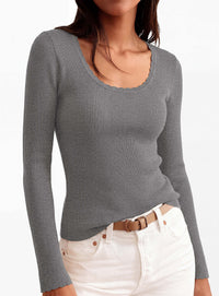 PRETTYGARDEN Women's Fall Lightweight Ribbed Knit Sweaters | Stretchy Cozy Knitwear,Scalloped Scoop Neck,Long Sleeve Shirts,Slim Fitted Pullover,Basic Layering Tops,Cute Casual Outfits