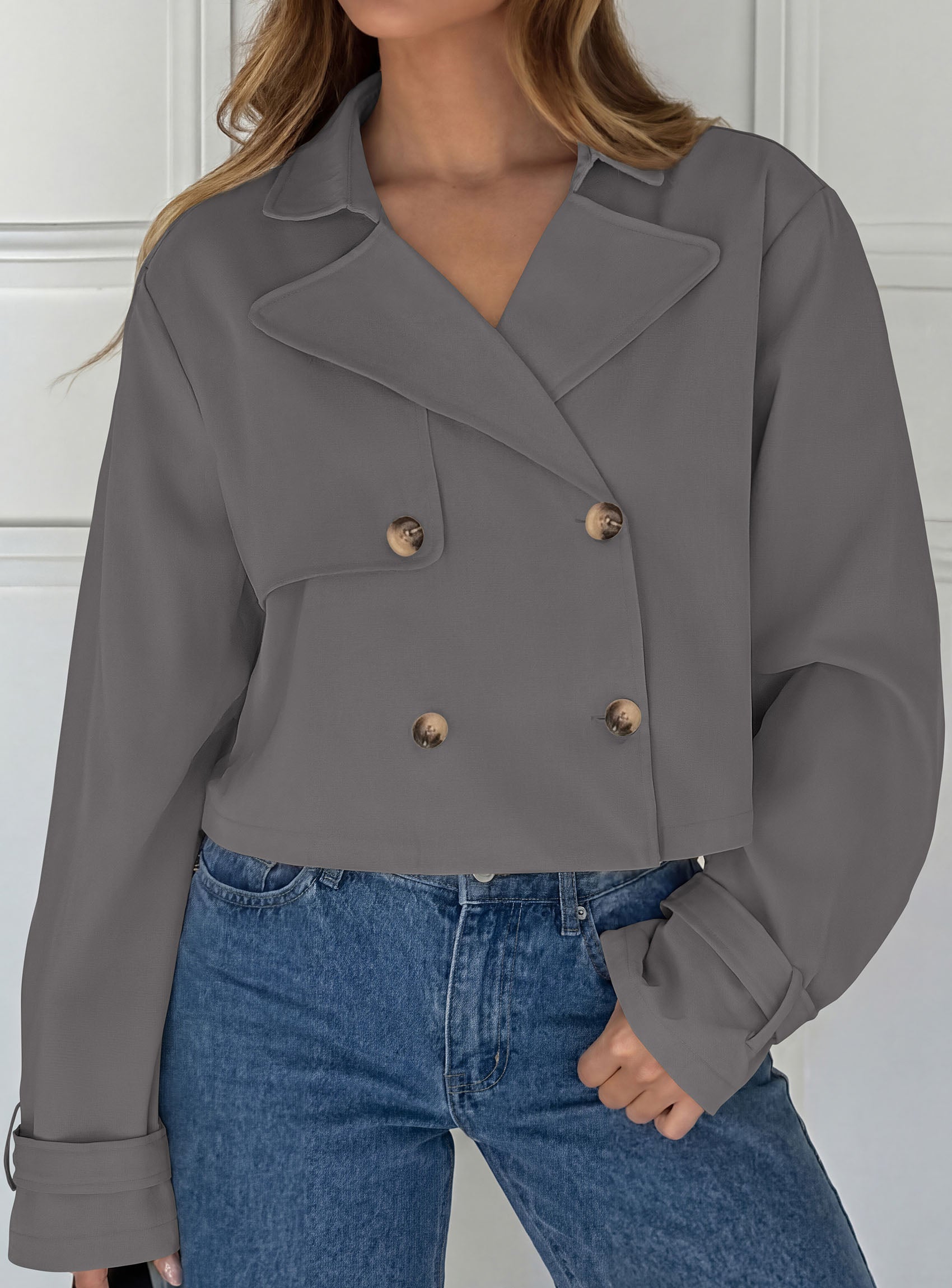 PRETTYGARDEN Cropped Trench Coat For Women Short Jacket  Soft Lightweight Coats, Lapel Double Breasted, Long Sleeve Loose Fit, Casual Work Office Jackets, Fall Winter Outwear