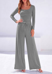 PRETTYGARDEN 2 Piece Sets for Women Fall Lounge Matching Set  Soft Fitted Square Neck Long Sleeve Crop Top, Casual Wide Leg Pants, Work, Home, Workout, Travel, Airport, Comfy Fall Clothes
