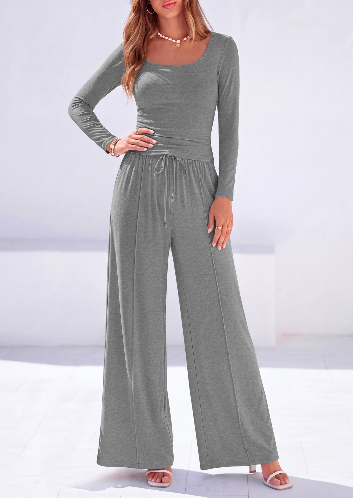 PRETTYGARDEN 2 Piece Sets for Women Fall Lounge Matching Set  Soft Fitted Square Neck Long Sleeve Crop Top, Casual Wide Leg Pants, Work, Home, Workout, Travel, Airport, Comfy Fall Clothes