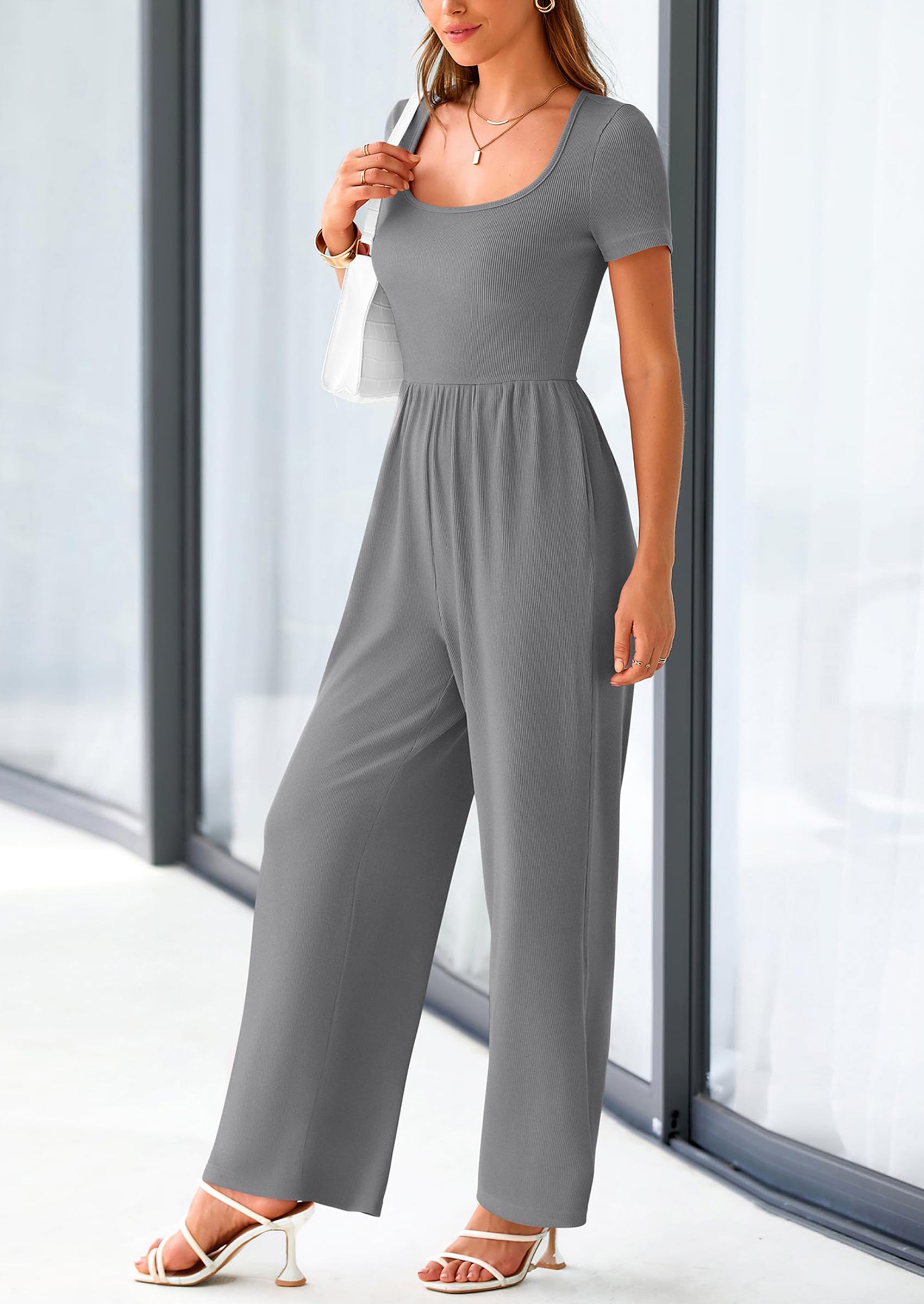 PRETTYGARDEN Women's Summer One Piece Jumpsuits Dressy Casual Short Sleeve Square Neck Wide Leg Jumpsuit Rompers