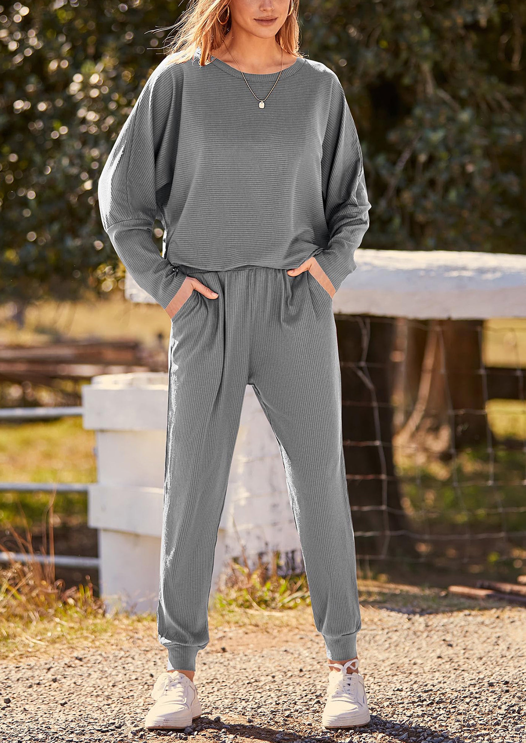 PRETTYGARDEN Women's Fall 2 Piece Lounge Set Long Sleeve Tops Ribbed Pants Spring Matching Sweatsuit Travel Outfits Clothes