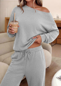 PRETTYGARDEN Womens 2 Piece Casual Matching Lounge Sets  Fashion Off the Shoulder Sweatshirt, Wide Leg Pants with Pockets, Comfy Airport Travel Outfit, 2026 Trendy Fall Set