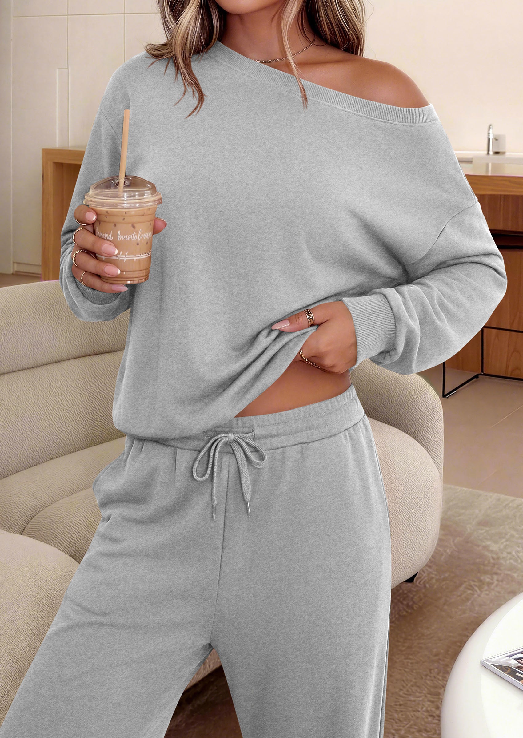 PRETTYGARDEN Womens 2 Piece Casual Matching Lounge Sets  Fashion Off the Shoulder Sweatshirt, Wide Leg Pants with Pockets, Comfy Airport Travel Outfit, 2026 Trendy Fall Set