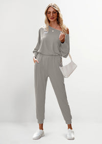 PRETTYGARDEN Women's 2 Piece Ribbed Tracksuit Outfits Off Shoulder Long Sleeve Pullover Lounge Pants with Pockets