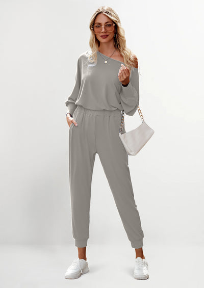 PRETTYGARDEN Women's 2 Piece Ribbed Tracksuit Outfits Off Shoulder Long Sleeve Pullover Lounge Pants with Pockets