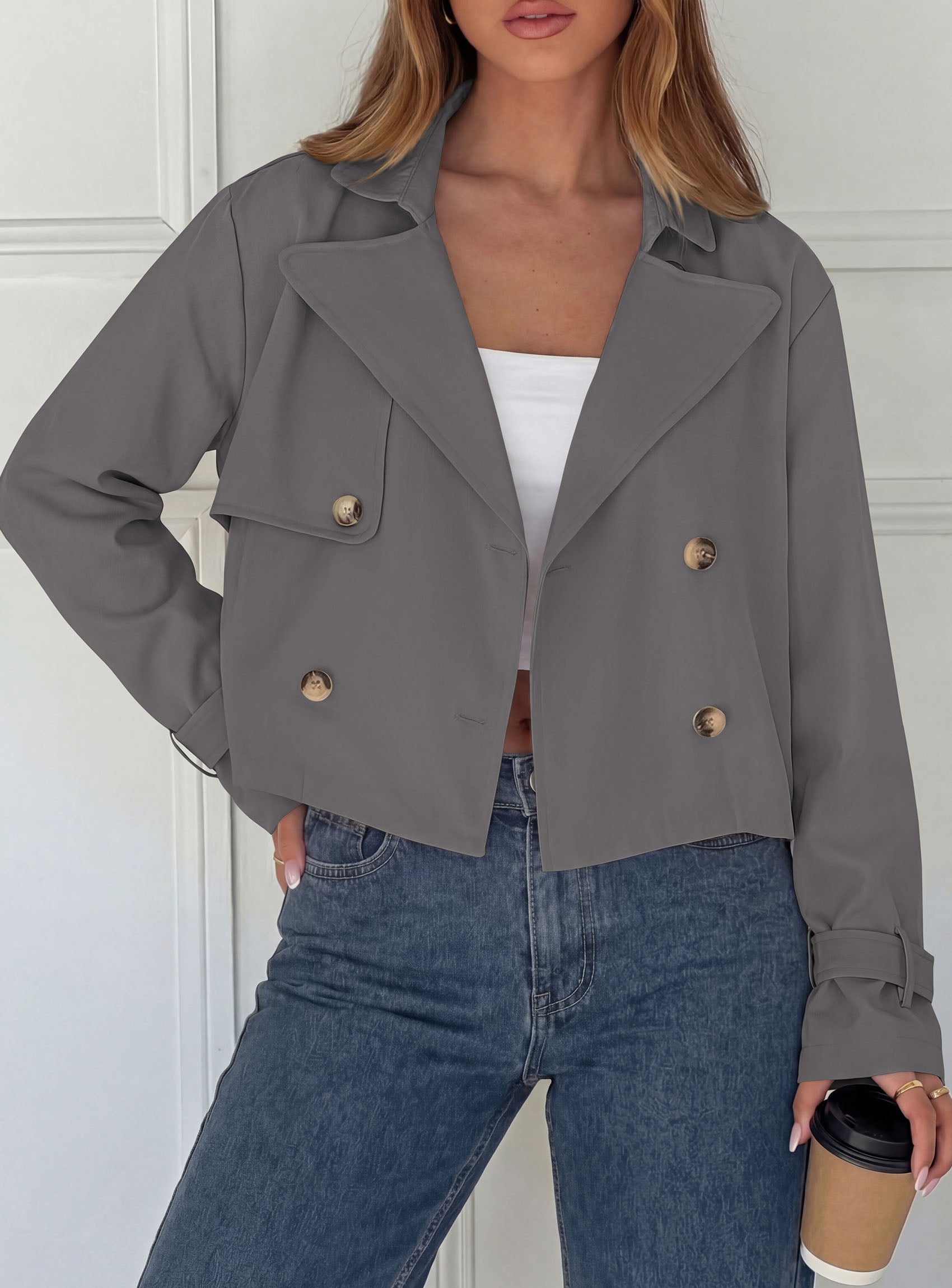 PRETTYGARDEN Cropped Trench Coat For Women Short Jacket  Soft Lightweight Coats, Lapel Double Breasted, Long Sleeve Loose Fit, Casual Work Office Jackets, Fall Winter Outwear