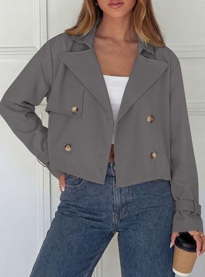 PRETTYGARDEN Cropped Trench Coat For Women Short Jacket  Soft Lightweight Coats, Lapel Double Breasted, Long Sleeve Loose Fit, Casual Work Office Jackets, Fall Winter Outwear