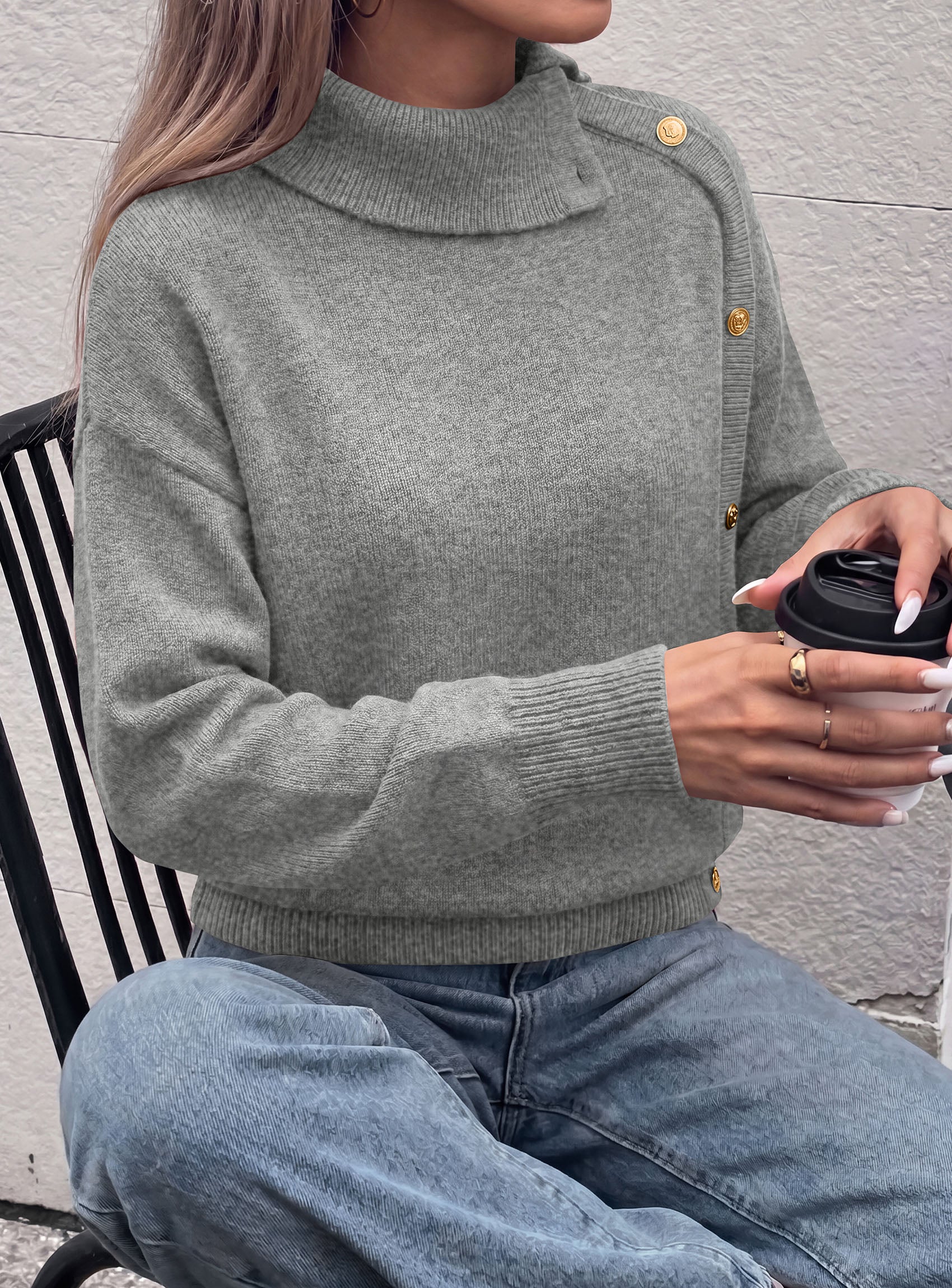 PRETTYGARDEN Womens Turtleneck Sweater Pullover Side Button Fall Clothes  Stretchy Knit,Dropped Shoulder,Ribbed Cuffs,Asymmetrical,Jumper Long Sleeve Tops,Work Office,2026 Winter Casual Outfits