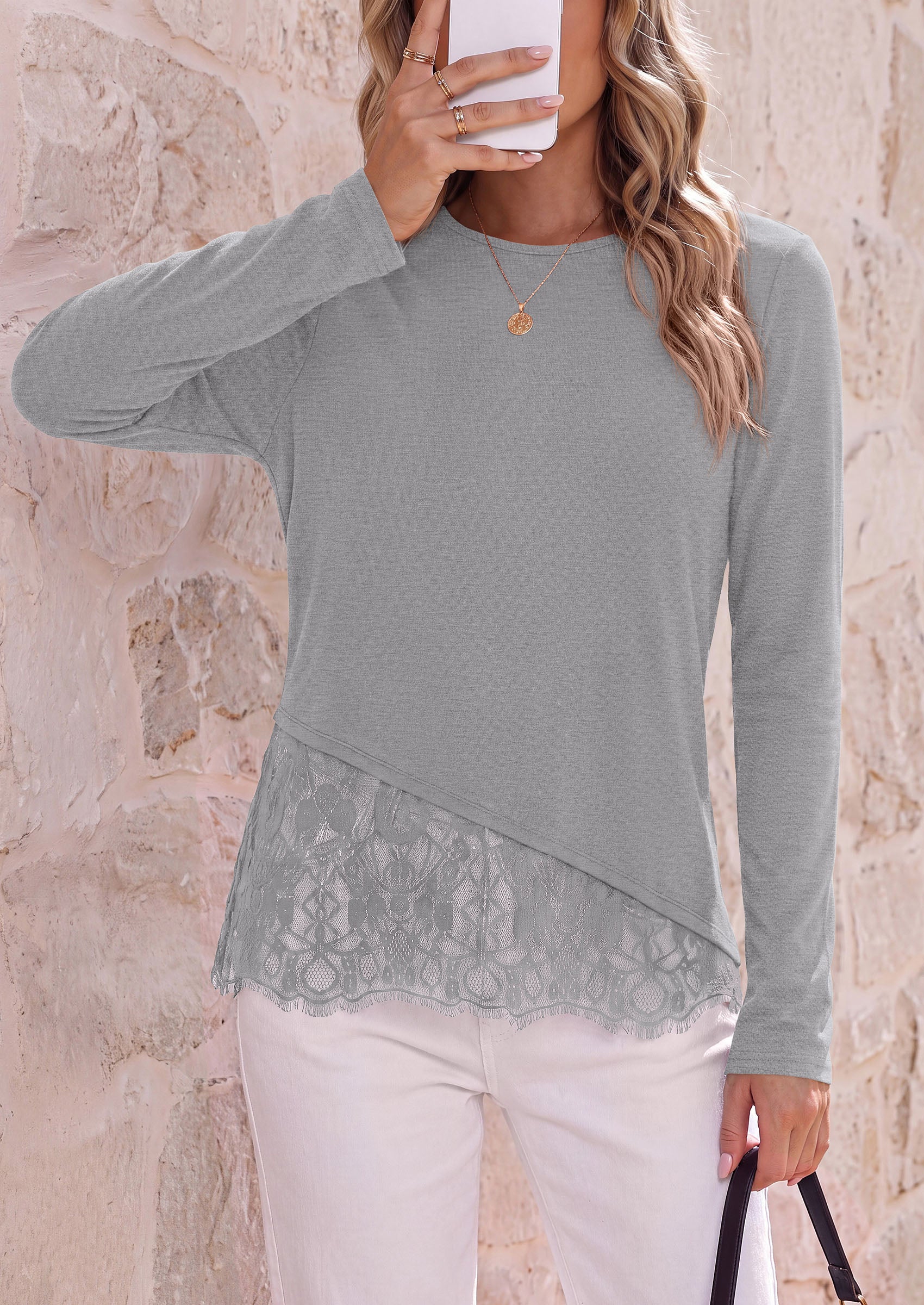 PRETTYGARDEN Women's Lace Patchwork Long Sleeve Shirts | Soft Casual Tops,Irregular Asymmetrical Hem,Crew Neck Thermal Blouses,Loose Fit Layer Tee,Fashion Fall Winter Daily Wear