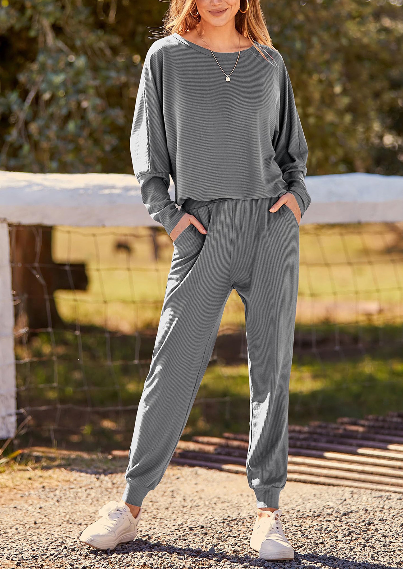 PRETTYGARDEN Women's Fall 2 Piece Lounge Set Long Sleeve Tops Ribbed Pants Spring Matching Sweatsuit Travel Outfits Clothes