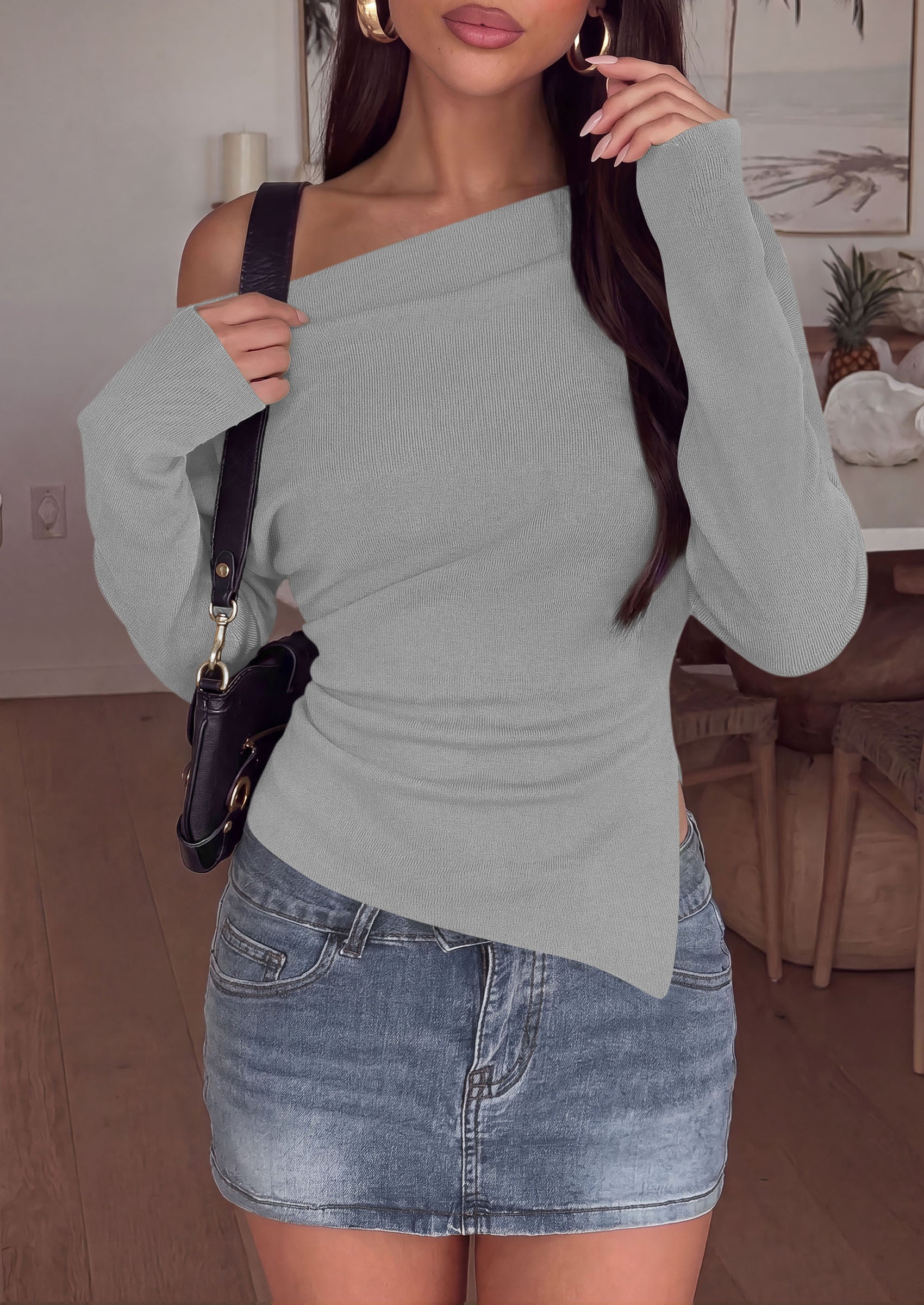 PRETTYGARDEN Womens Fall Long Sleeve Off Shoulder Sweater  Soft Knit Fabric, Fashion Batwing Sleeve, Chic Asymmetrical Hem, Casual Going Out Sweater, 2026 Trendy Winter Clothes
