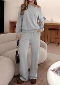 PRETTYGARDEN Womens 2 Piece Casual Matching Lounge Sets  Fashion Off the Shoulder Sweatshirt, Wide Leg Pants with Pockets, Comfy Airport Travel Outfit, 2026 Trendy Fall Set