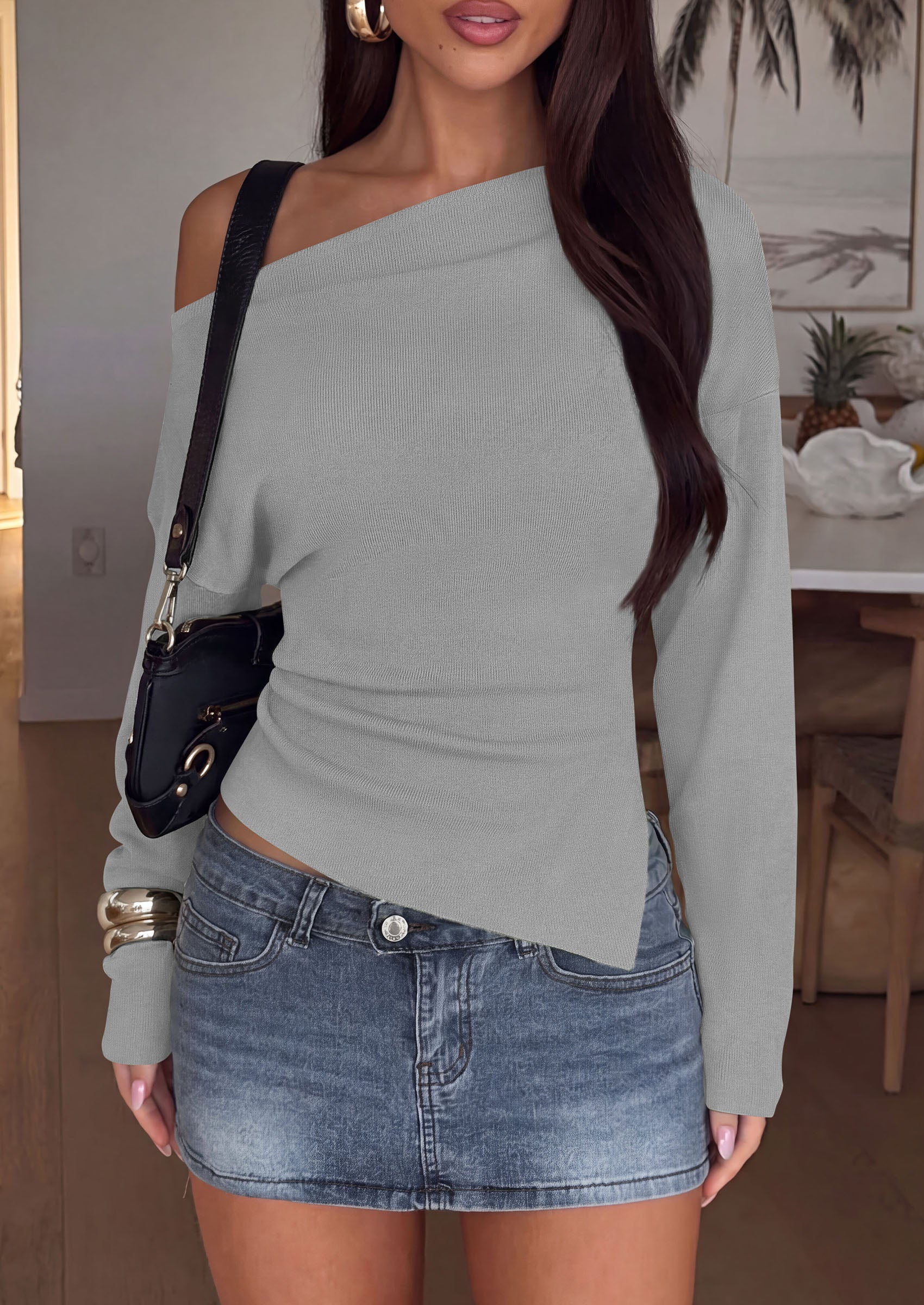 PRETTYGARDEN Womens Fall Long Sleeve Off Shoulder Sweater  Soft Knit Fabric, Fashion Batwing Sleeve, Chic Asymmetrical Hem, Casual Going Out Sweater, 2026 Trendy Winter Clothes