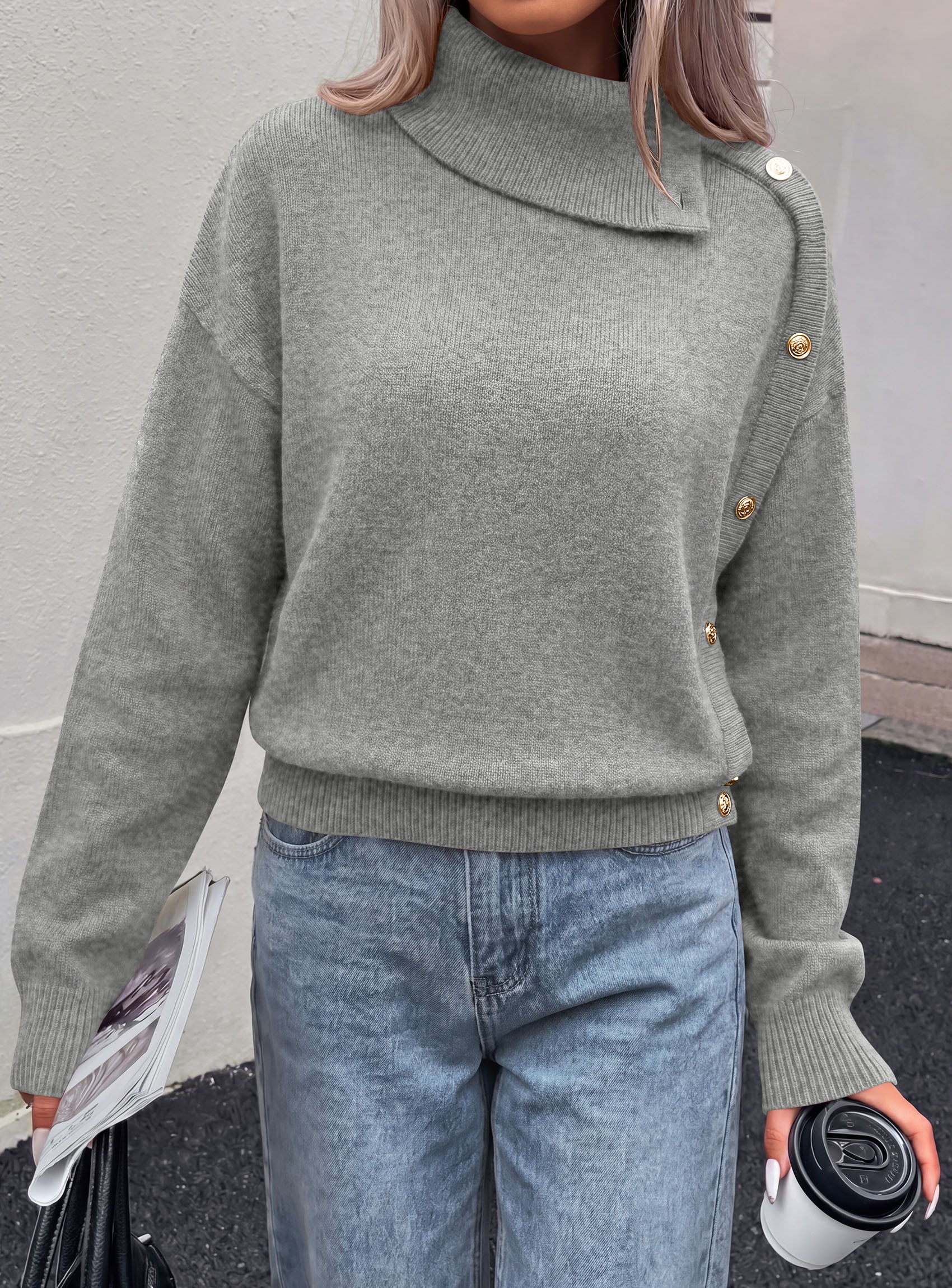 PRETTYGARDEN Womens Turtleneck Sweater Pullover Side Button Fall Clothes  Stretchy Knit,Dropped Shoulder,Ribbed Cuffs,Asymmetrical,Jumper Long Sleeve Tops,Work Office,2026 Winter Casual Outfits