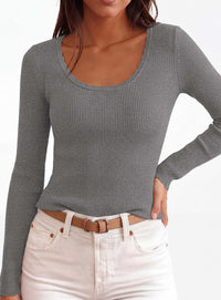 PRETTYGARDEN Women's Fall Lightweight Ribbed Knit Sweaters | Stretchy Cozy Knitwear,Scalloped Scoop Neck,Long Sleeve Shirts,Slim Fitted Pullover,Basic Layering Tops,Cute Casual Outfits