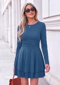 PRETTYGARDEN Womens Fit and Flare Crewneck Long Sleeve Mini Dress | Ruched Waist,Tiered Ruffle Hem,Flowy Short Sundress,Party Cocktail Homecoming Dresses,Date Night Semi Formal Cruise Outfits