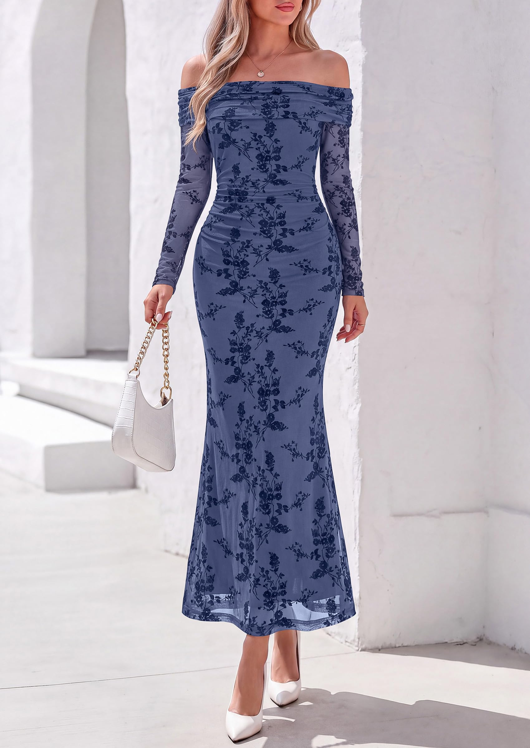 PRETTYGARDEN Womens Off Shoulder Floral Maxi Wedding Guest Dress  Mesh Slim Fit,Elegant Bodycon,Formal Party Cocktail Dress,Bridal Shower Baby Shower,Date Night Outfits,Vacation Long Dresses