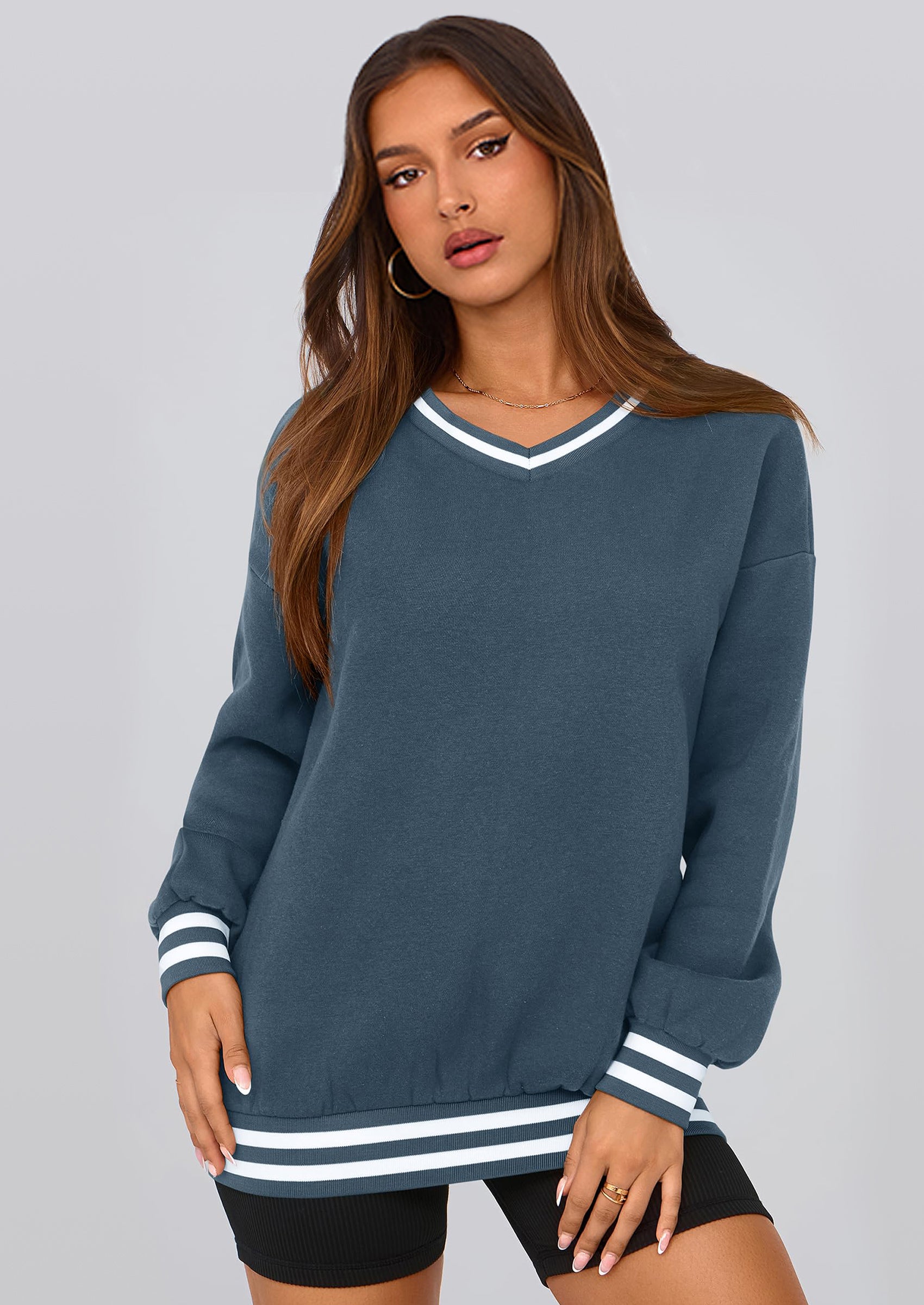 PRETTYGARDEN Women's Oversized Sweatshirts Casual Long Sleeve Stripes Knit V Neck Pullover Top Fall Teens Preppy Clothes