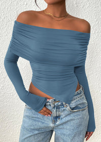 PRETTYGARDEN Women's Long Sleeve Shirts Off Shoulder Tops Going Out Slim Fitted Y2K Blouses Fall Fashion Clothes