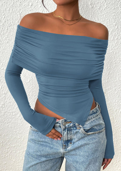 PRETTYGARDEN Women's Long Sleeve Shirts Off Shoulder Tops Going Out Slim Fitted Y2K Blouses Fall Fashion Clothes