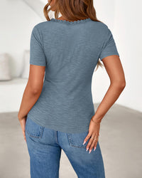 BTFBM Women Summer Henley Tunic Top V Neck Short Sleeve Button UP Solid Slim Fit Casual Ribbed Knit Shirt Blouses