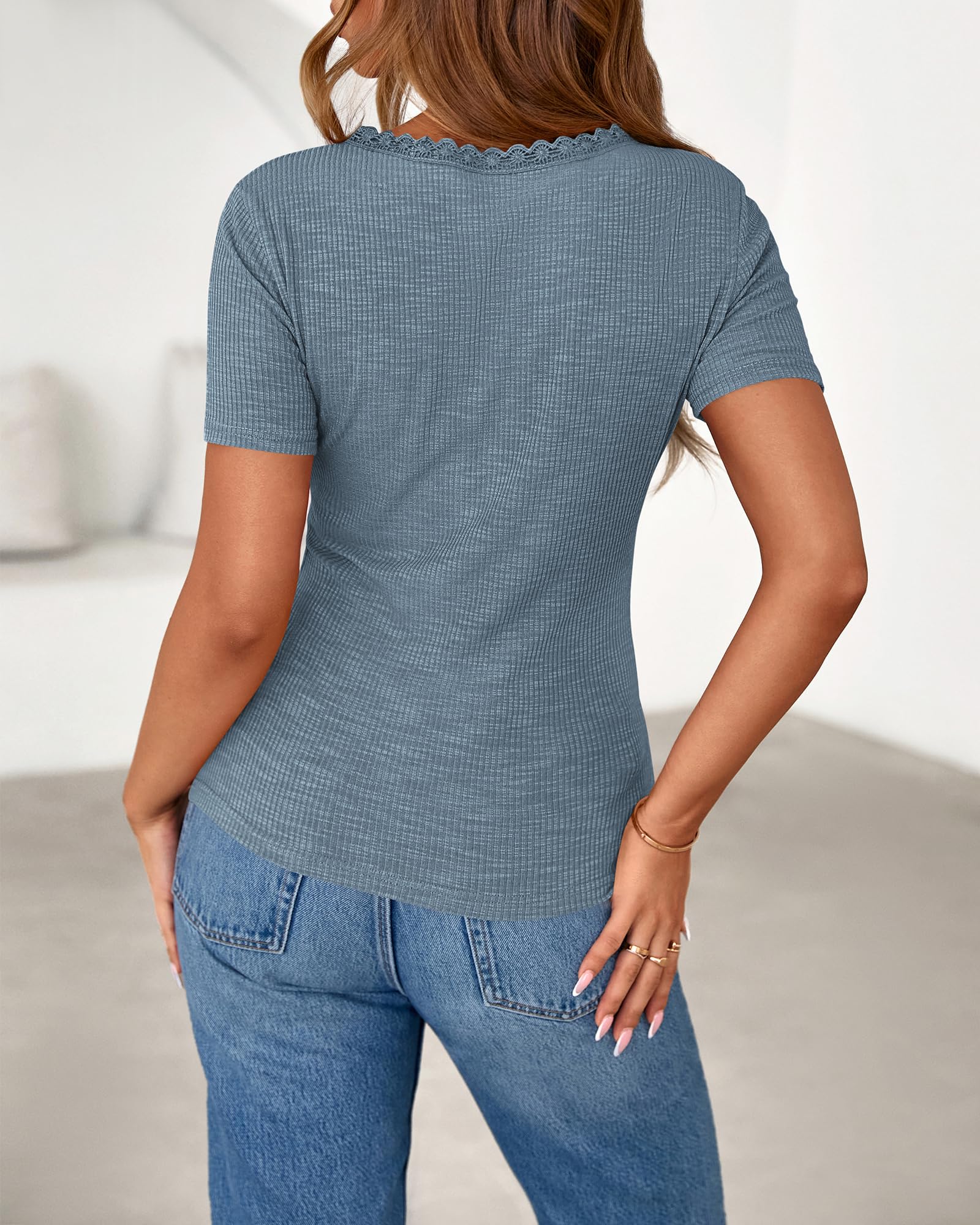 BTFBM Women Summer Henley Tunic Top V Neck Short Sleeve Button UP Solid Slim Fit Casual Ribbed Knit Shirt Blouses