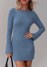 PRETTYGARDEN Womens Fall Bell Long Sleeve Mini Dress 2026 Casual Boat Neck Ribbed Bodycon Short Party Cocktail Dresses