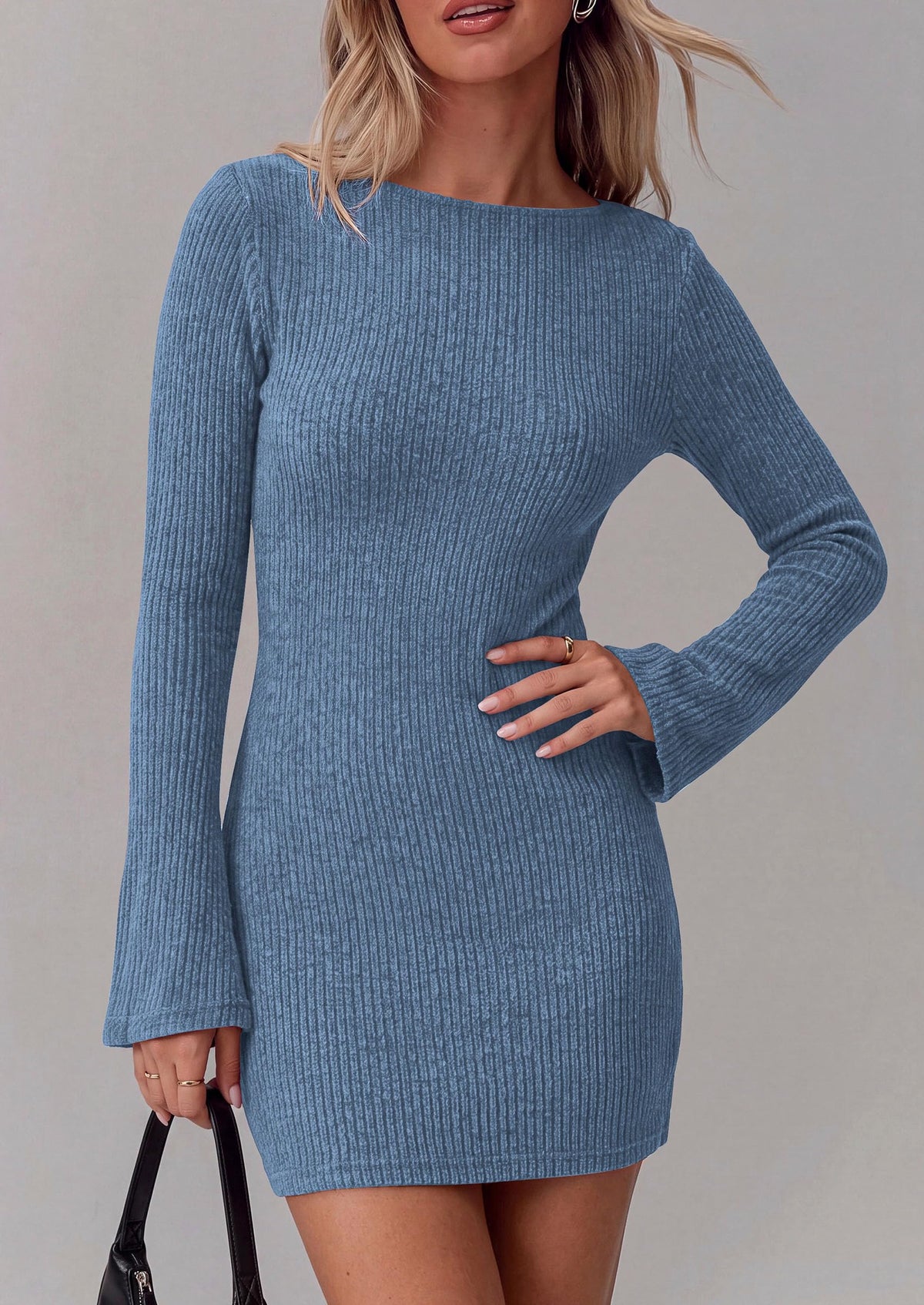 PRETTYGARDEN Womens Fall Bell Long Sleeve Mini Dress 2026 Casual Boat Neck Ribbed Bodycon Short Party Cocktail Dresses