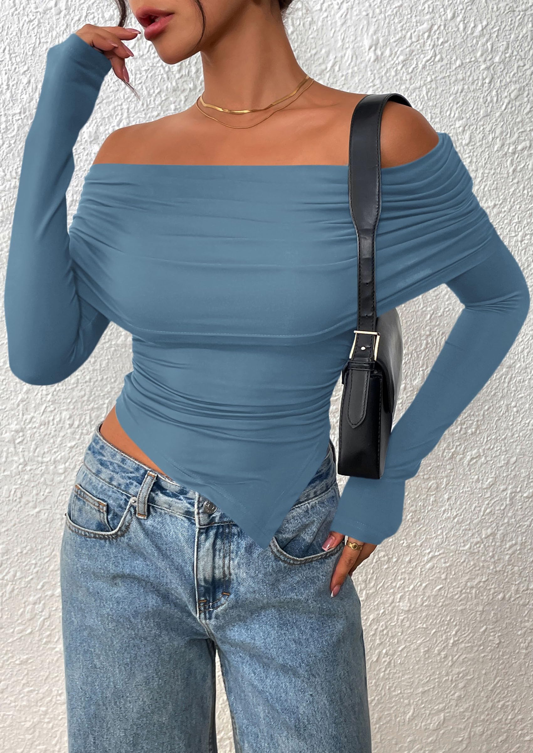 PRETTYGARDEN Women's Long Sleeve Shirts Off Shoulder Tops Going Out Slim Fitted Y2K Blouses Fall Fashion Clothes