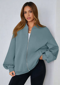 KIRUNDO Oversized Sweatshirt for Women Zip Up Bomber Jacket Fall Fashion Casual Long Sleeve Outerwear Winter Outfits