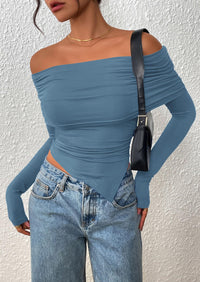 PRETTYGARDEN Women's Long Sleeve Shirts Off Shoulder Tops Going Out Slim Fitted Y2K Blouses Fall Fashion Clothes