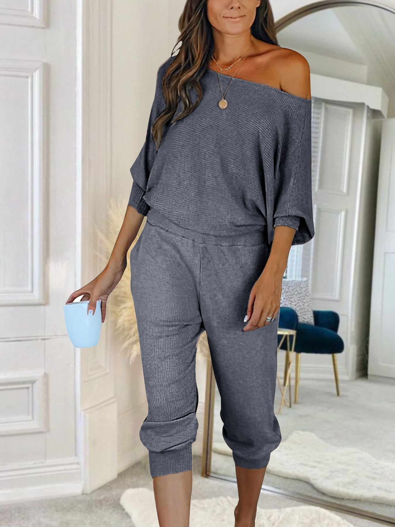 PRETTYGARDEN Women's 2 Piece Ribbed Tracksuit Outfits Off Shoulder Long Sleeve Pullover Lounge Pants with Pockets