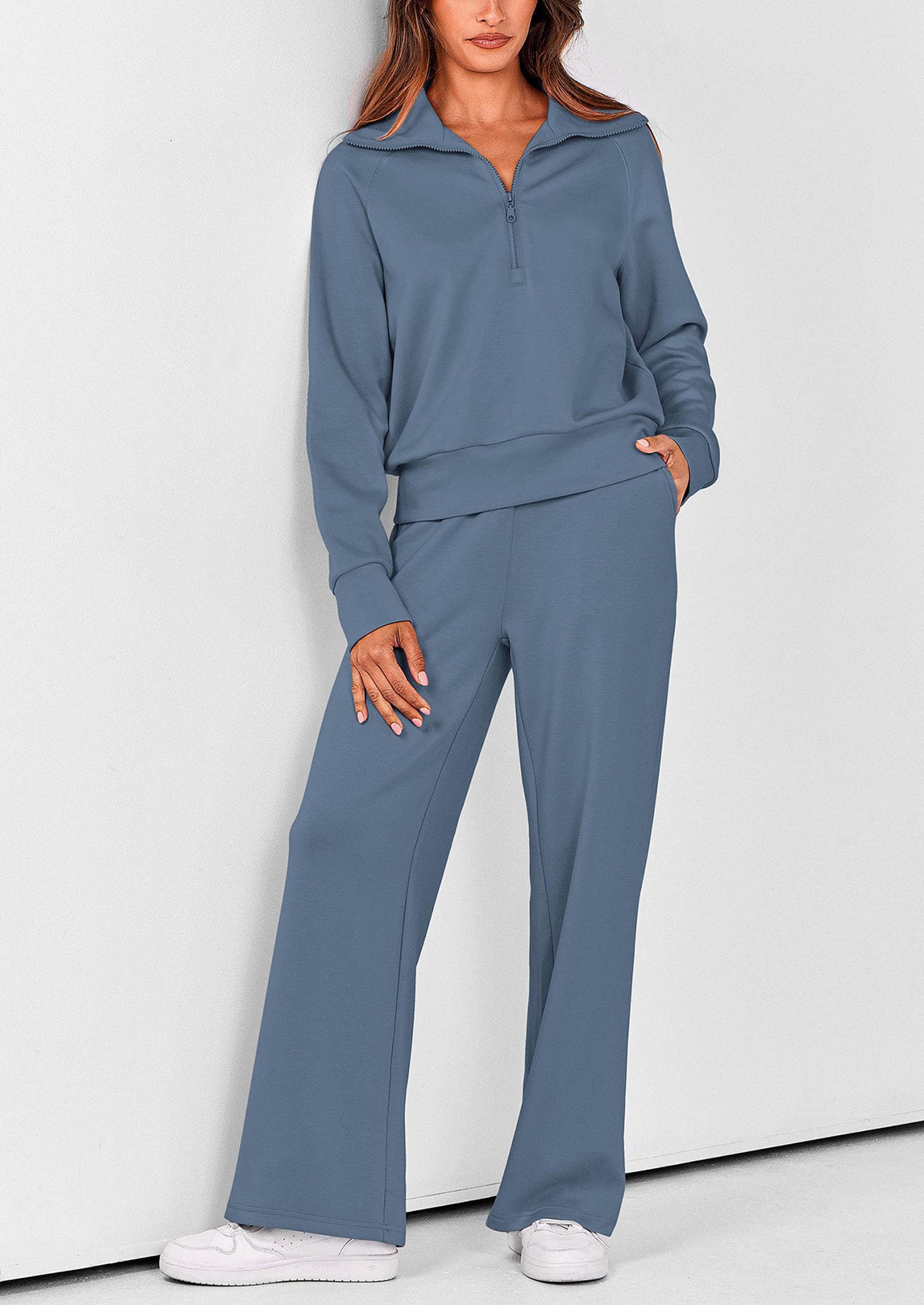 PRETTYGARDEN Women's 2 Piece Outfits Casual Lapel Half Zip Sweatshirts And Wide Leg Pants Tracksuit Sets