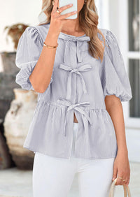 PRETTYGARDEN Women's Tie Front Striped Shirt Summer Trendy Fashion Cute Babydoll Tops Peplum Puffy Sleeve Blouse