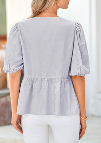 PRETTYGARDEN Women's Tie Front Striped Shirt Summer Trendy Fashion Cute Babydoll Tops Peplum Puffy Sleeve Blouse